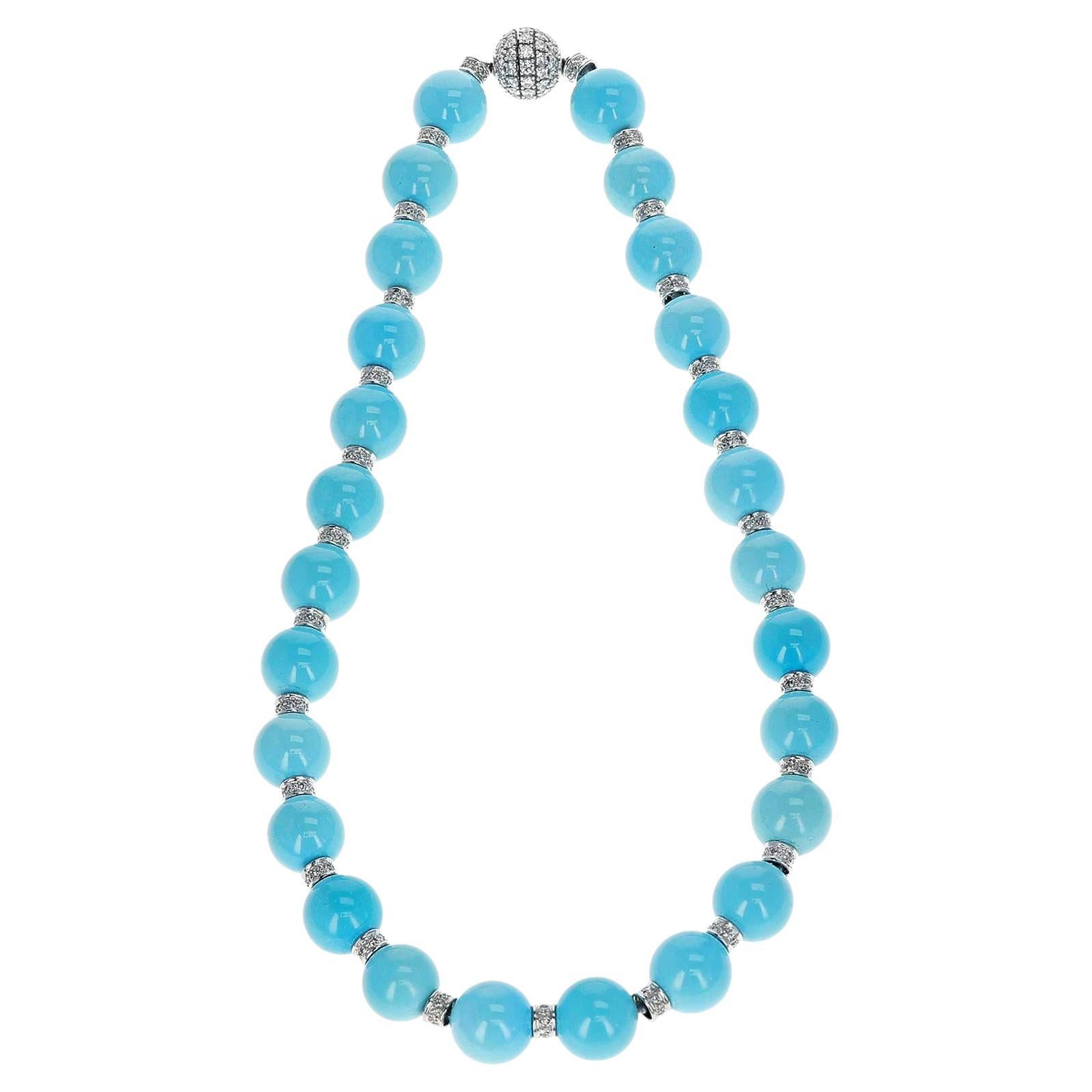 Turquoise Round Beads with Diamond Discs, 18k  For Sale
