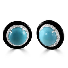 Turquoise Round Diamond Black Onyx Halo 18 Karat Gold Art Deco Cocktail Earring