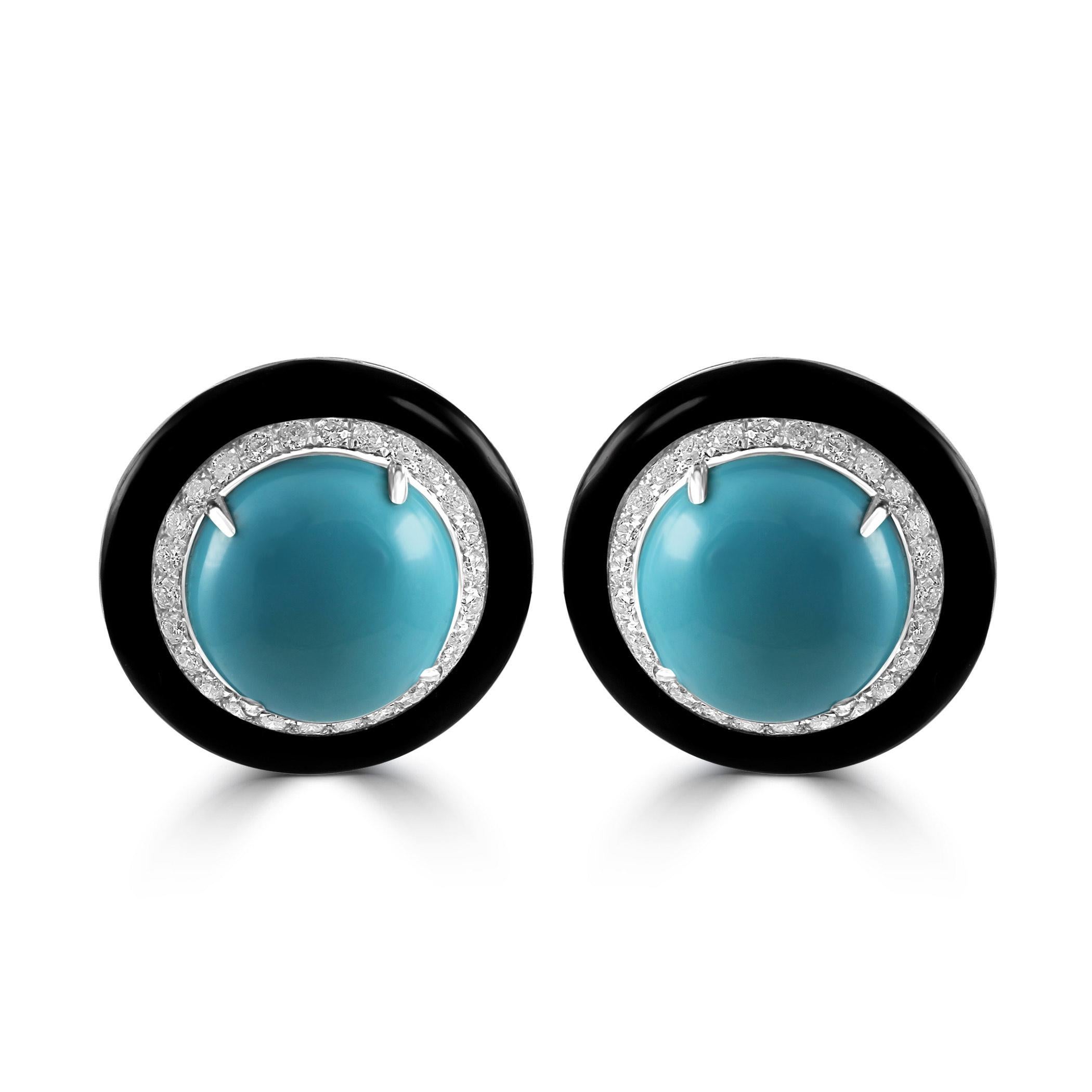 Round Cut Turquoise Round Diamond Black Onyx Halo 18K White Gold Art Deco Cocktail Earring For Sale