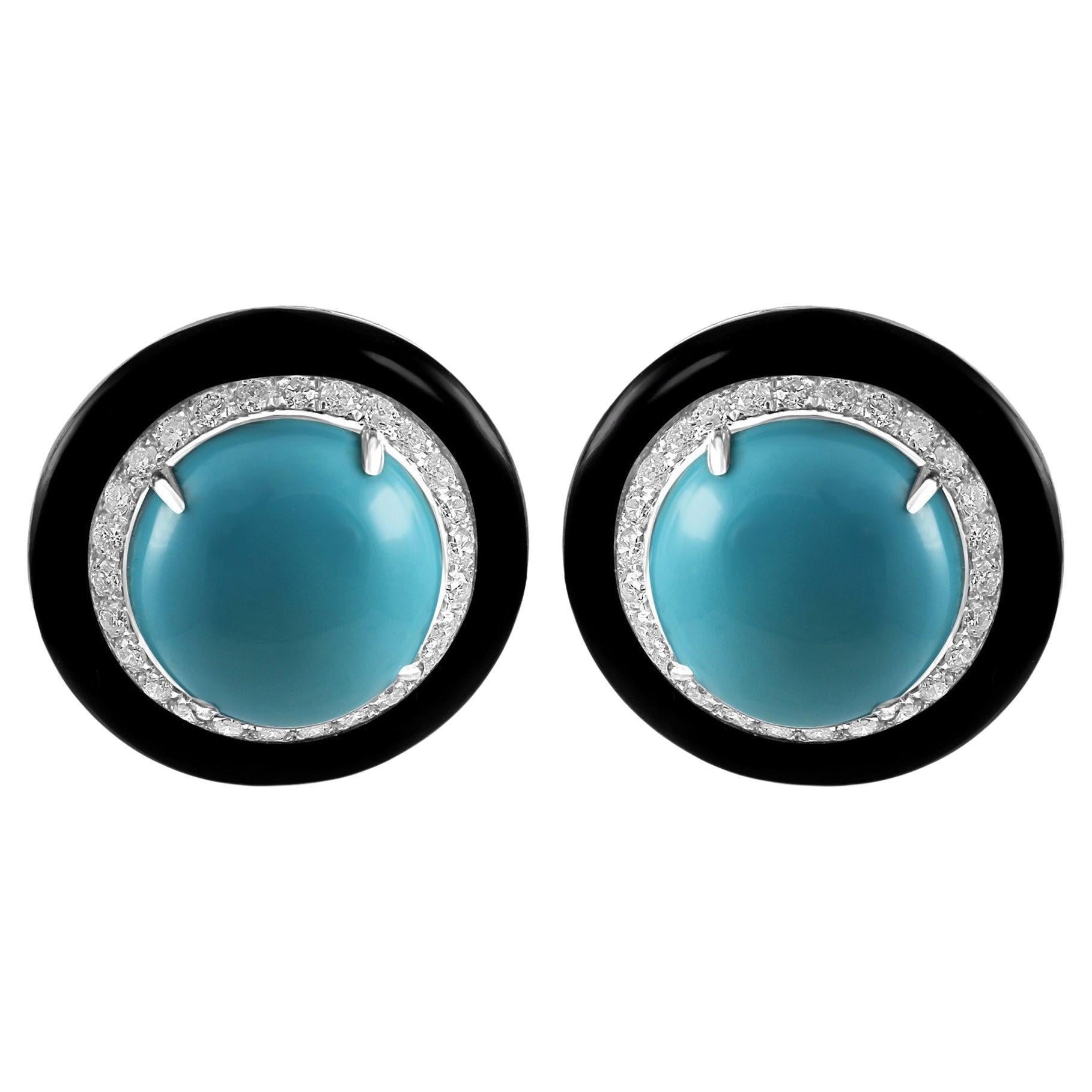 Turquoise Round Diamond Black Onyx Halo 18K White Gold Art Deco Cocktail Earring For Sale