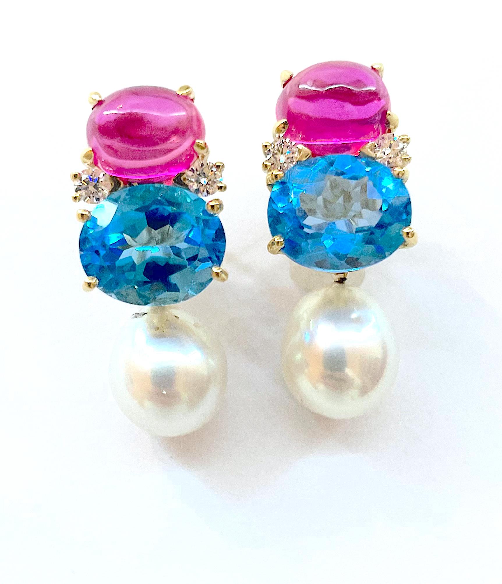 Taille cabochon Boucles d'oreilles Turquoise Rubelite Diamant Or en vente