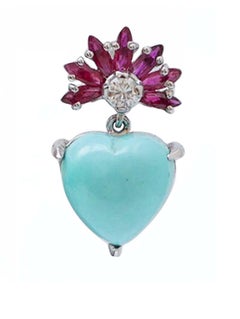 Turquoise, Rubies, Diamonds, 14 Karat White Gold Earrings.