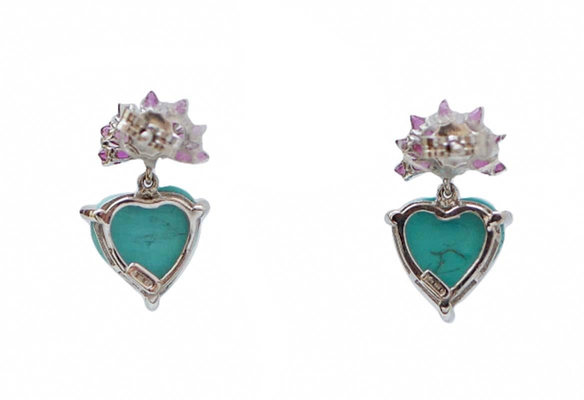 Retro Turquoise, Rubies, Diamonds, 14 Karat White Gold Earrings. For Sale