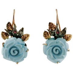 Turquoise, Rubies, Diamonds 9 Karat Rose Gold and Silver Vintage Dangle Earrings