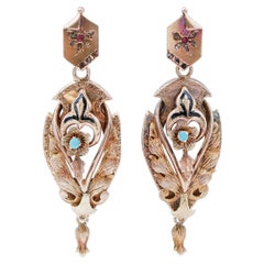 Turquoise, Rubies, Diamonds, Enamel, 12 Kt Rose Gold Retrò Earrings
