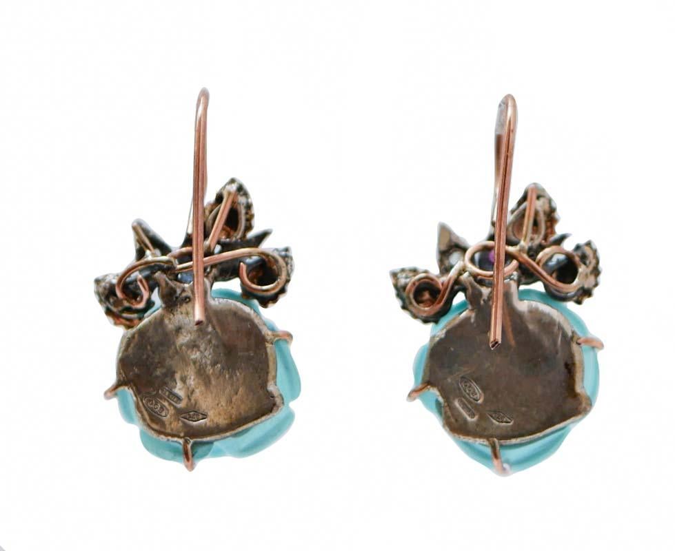 Retro Turquoise, Rubies, Diamonds, Rose Gold and Silver Earrings. For Sale