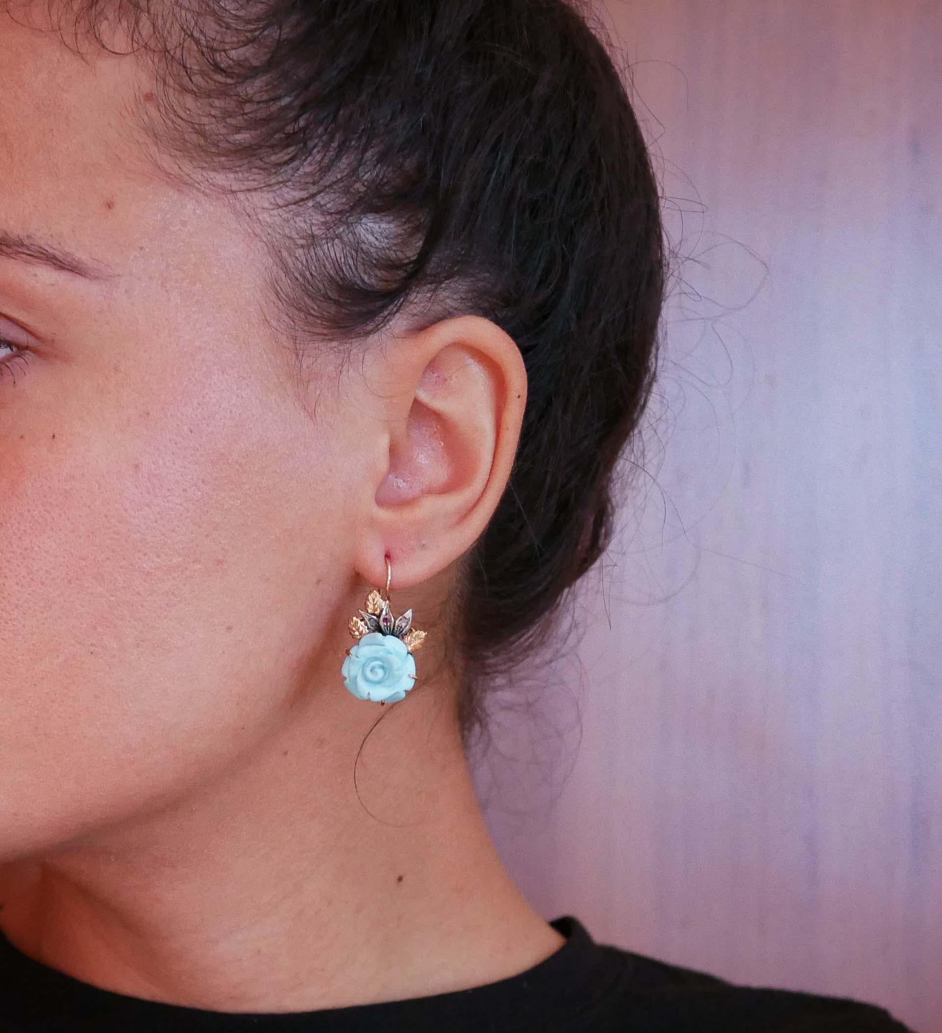 Mixed Cut Turquoise, Rubies, Diamonds, Rose Gold and Silver Earrings. For Sale