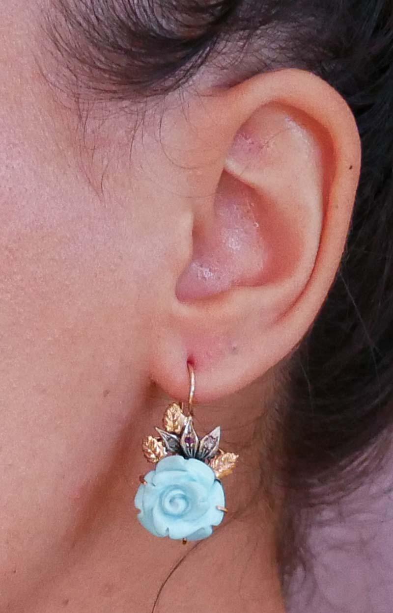 Turquoise, Rubies, Diamonds, Rose Gold and Silver Earrings. In Good Condition For Sale In Marcianise, Marcianise (CE)