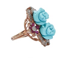 Turquoise, Rubies, Diamonds, Rose Gold and Silver Ring.