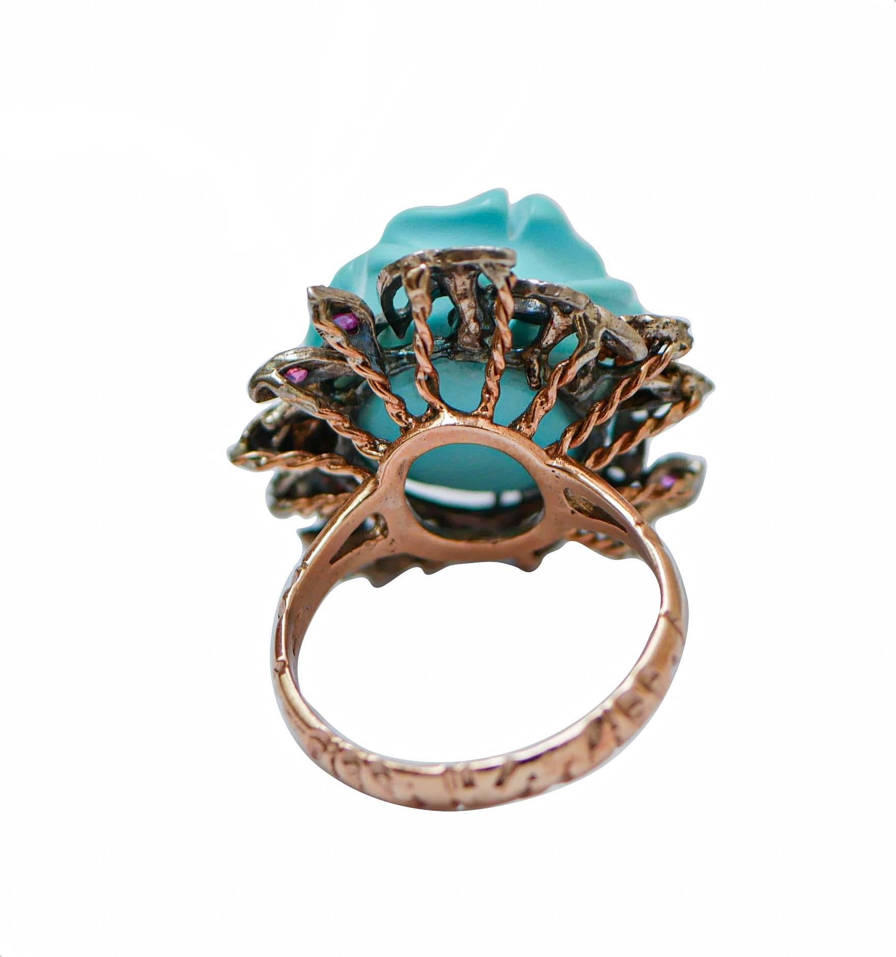Retro Turquoise, Rubies, Diamonds, Rose Gold and Silver Ring. For Sale