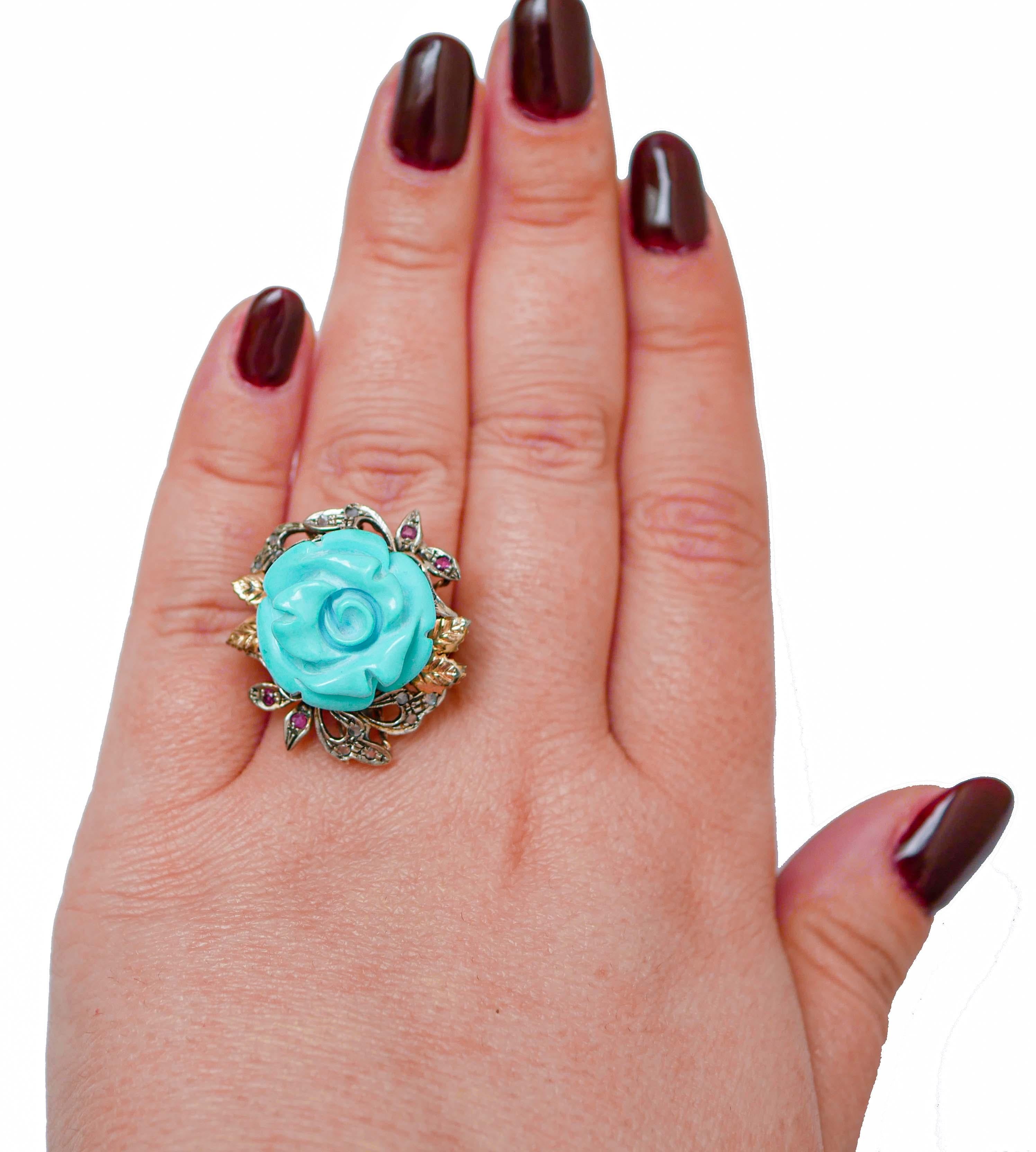 Mixed Cut Turquoise, Rubies, Diamonds, Rose Gold and Silver Ring. For Sale