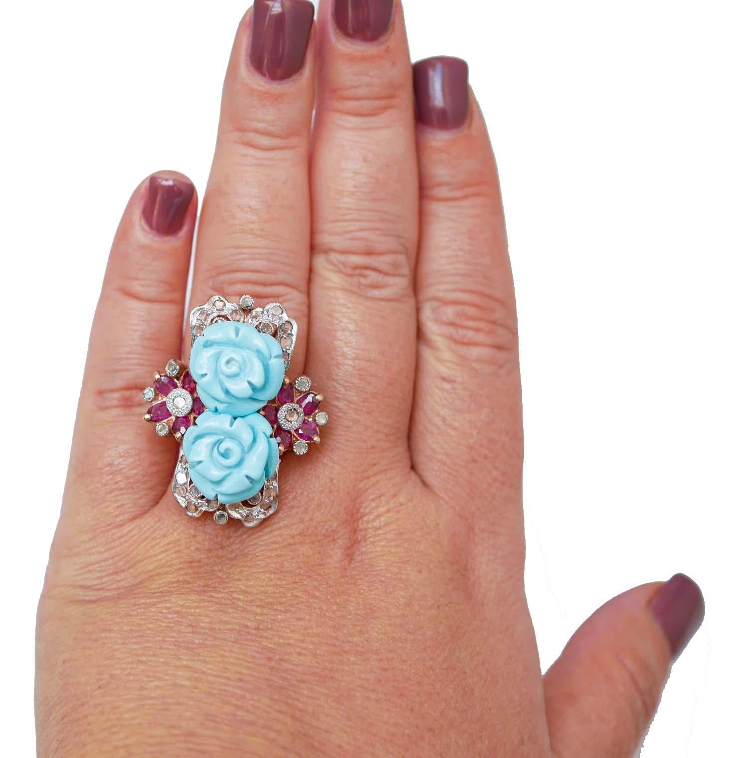 Taglio misto Anello in turchese, rubini, diamanti, oro rosa e argento. in vendita