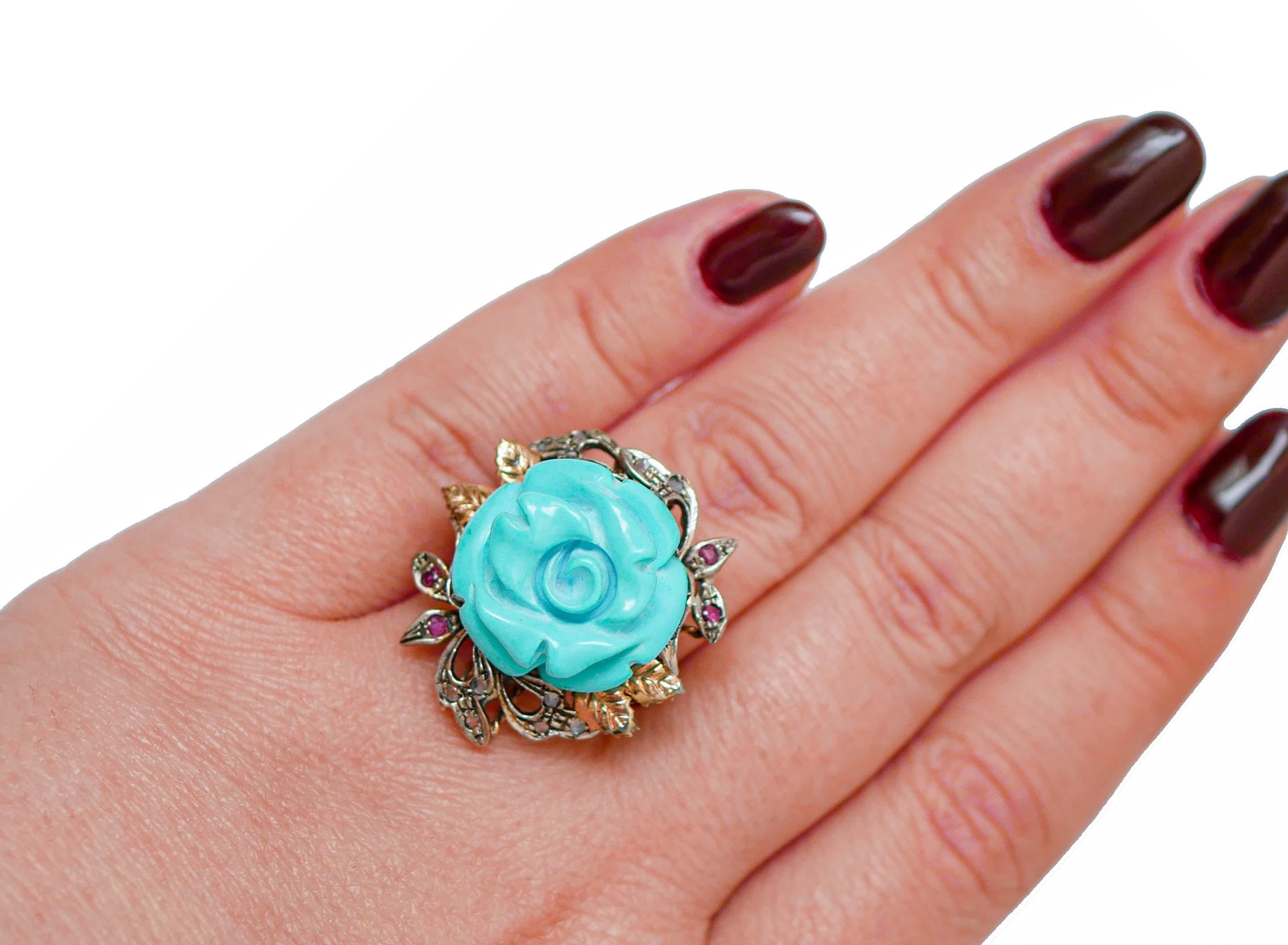 Turquoise, Rubies, Diamonds, Rose Gold and Silver Ring. In Good Condition For Sale In Marcianise, Marcianise (CE)