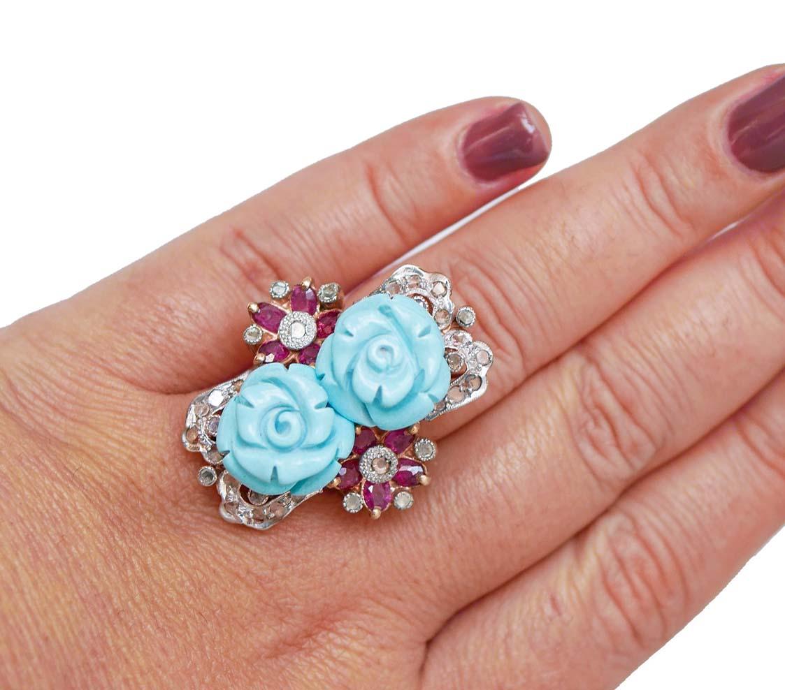 Anello in turchese, rubini, diamanti, oro rosa e argento. In condizioni buone in vendita a Marcianise, Marcianise (CE)