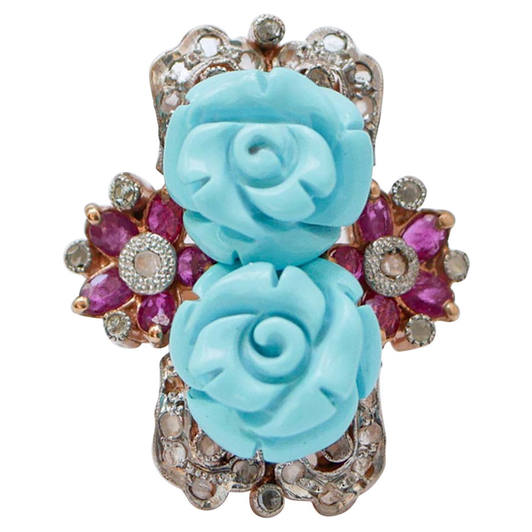 Anillo de Turquesa, Rubíes, Diamantes, Oro Rosa y Plata.