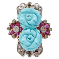 Anillo de Turquesa, Rubíes, Diamantes, Oro Rosa y Plata.
