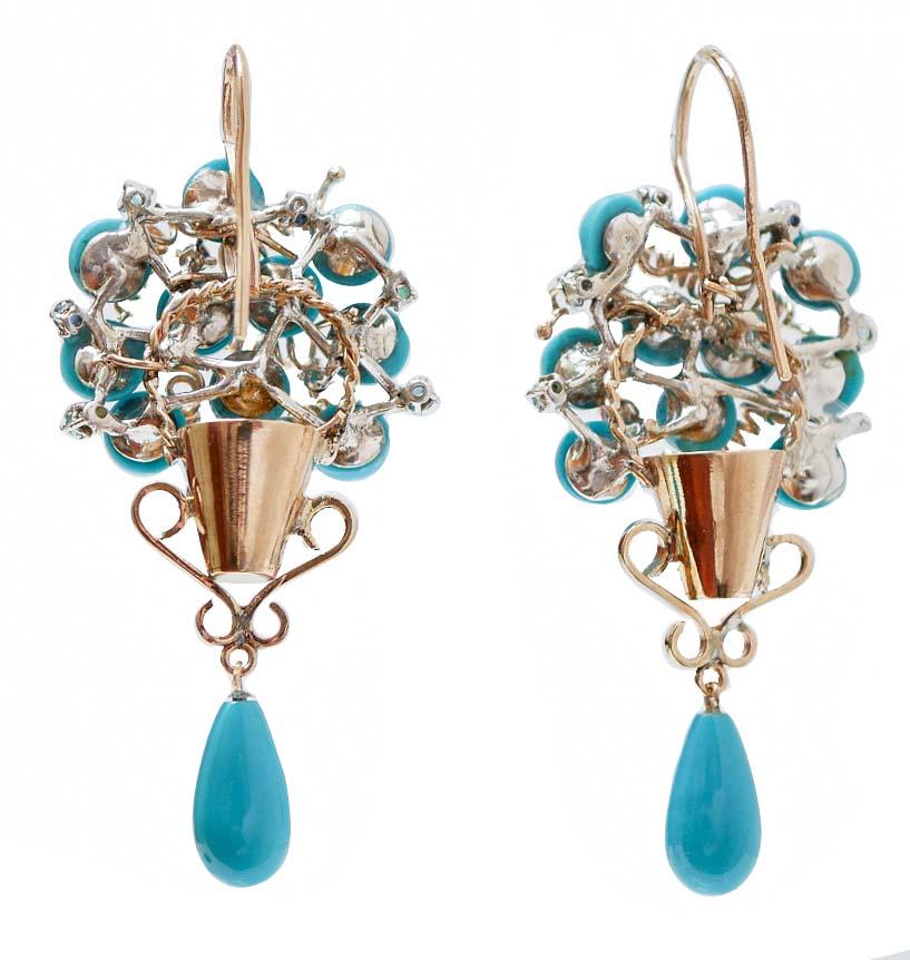 Retro Turquoise, Rubies, Emeralds, Sapphires, Rose Gold and Silver Earrings