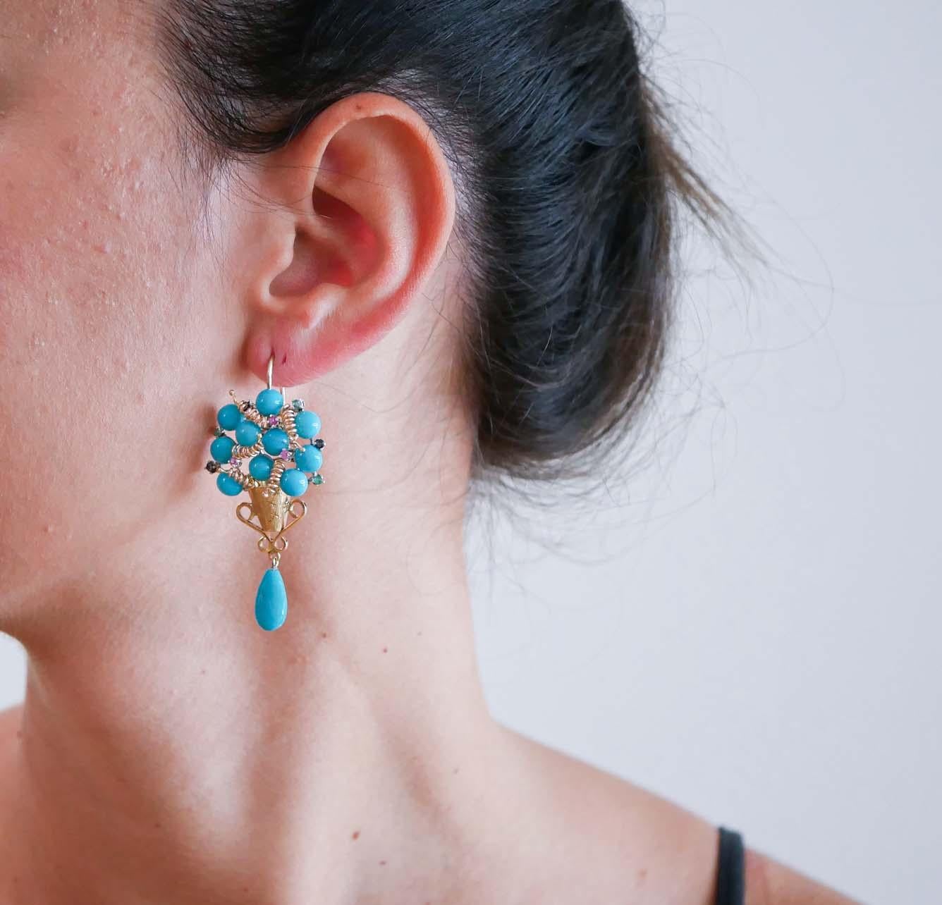 Mixed Cut Turquoise, Rubies, Emeralds, Sapphires, Rose Gold and Silver Earrings