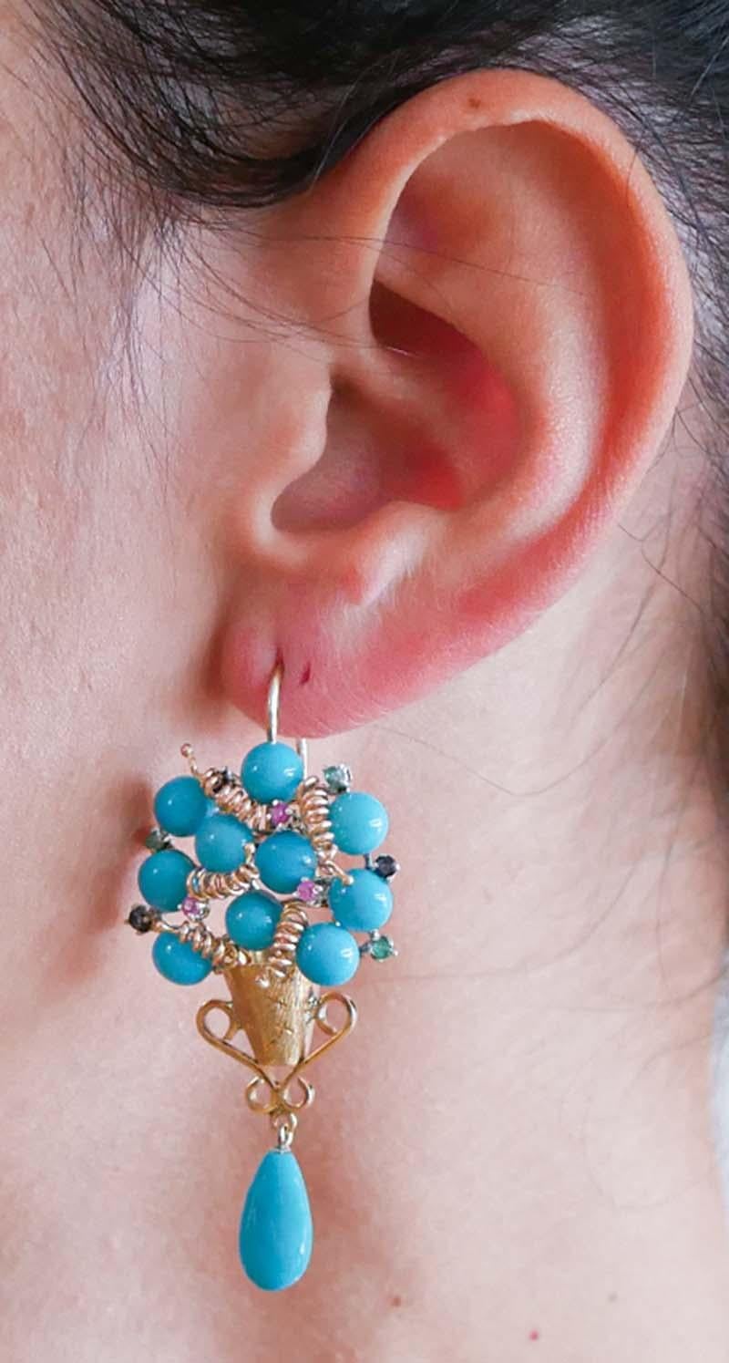 Turquoise, Rubies, Emeralds, Sapphires, Rose Gold and Silver Earrings In Good Condition In Marcianise, Marcianise (CE)