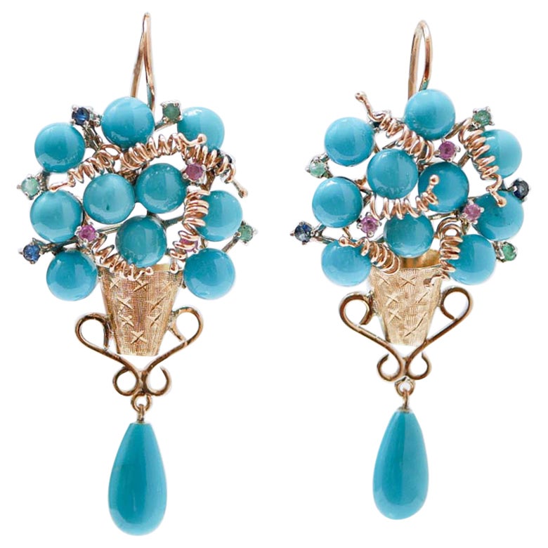 Turquoise, Rubies, Emeralds, Sapphires, Rose Gold and Silver Earrings For Sale