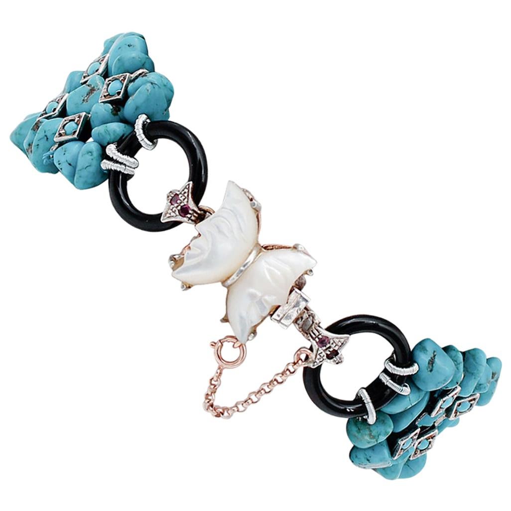 Turquoise, Rubies, Stones, Onyx, 9 Karat Rose Gold and Silver Bracelet For Sale