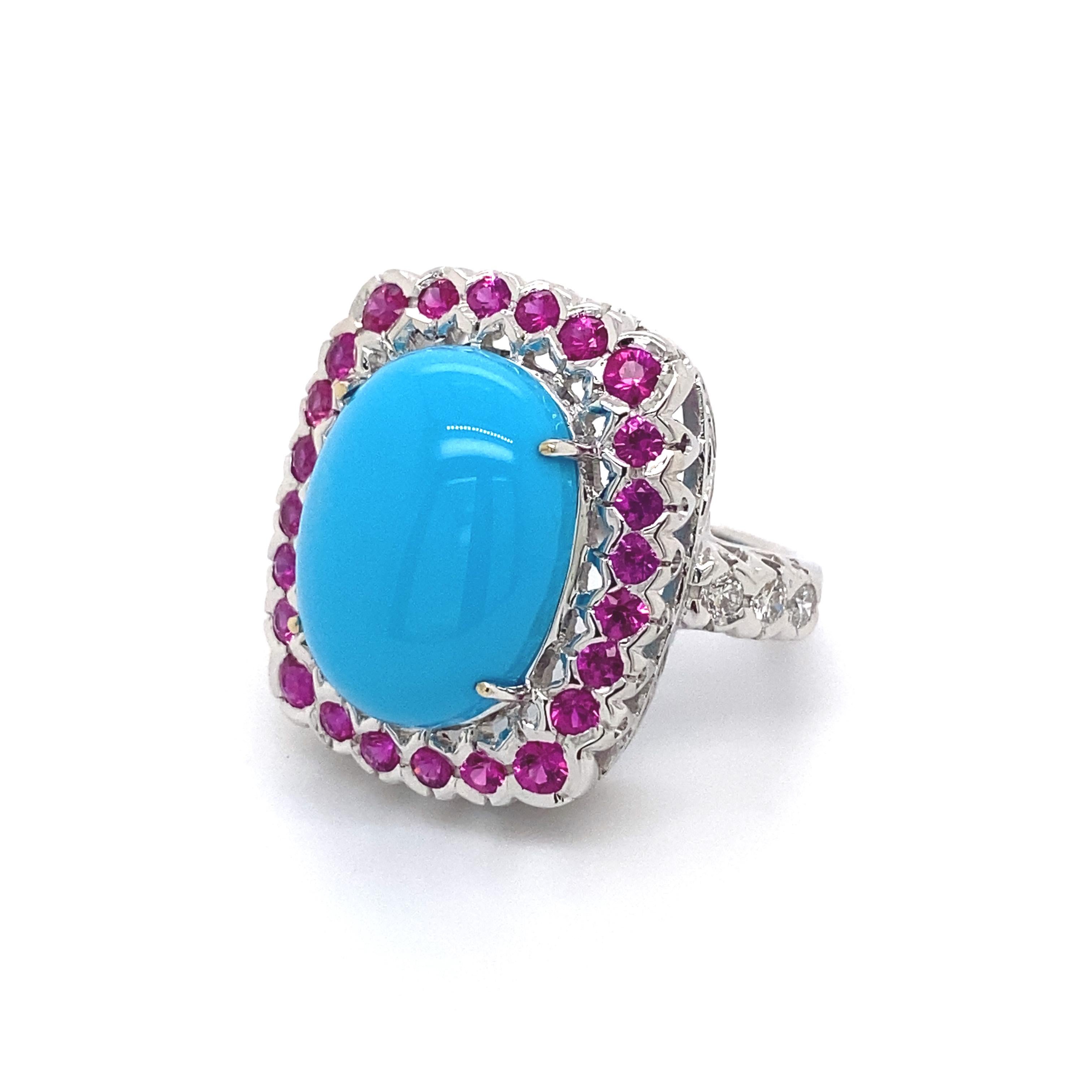 Contemporary Turquoise, Ruby, and Diamond Cluster Ring 18 Karat White Gold For Sale