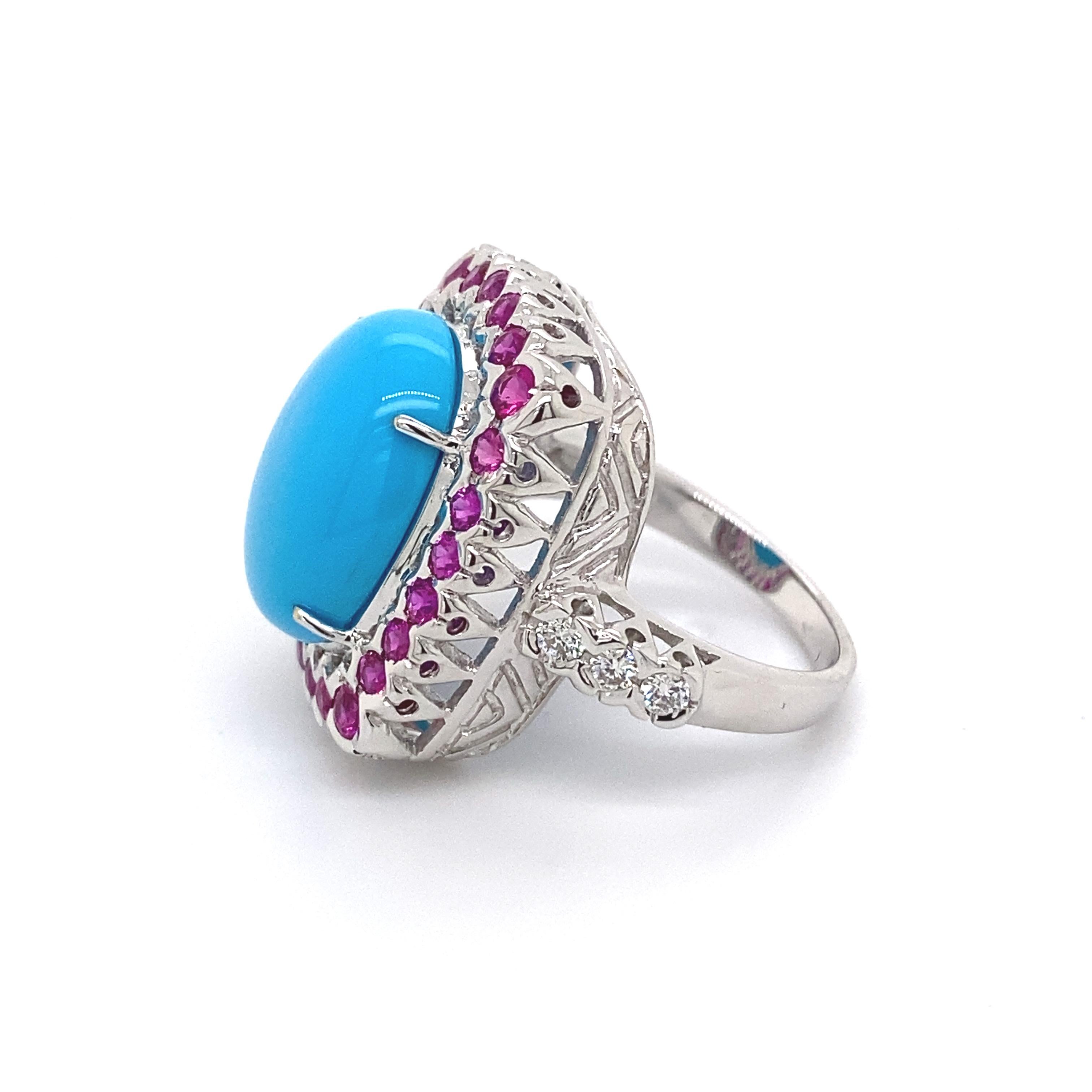Round Cut Turquoise, Ruby, and Diamond Cluster Ring 18 Karat White Gold For Sale