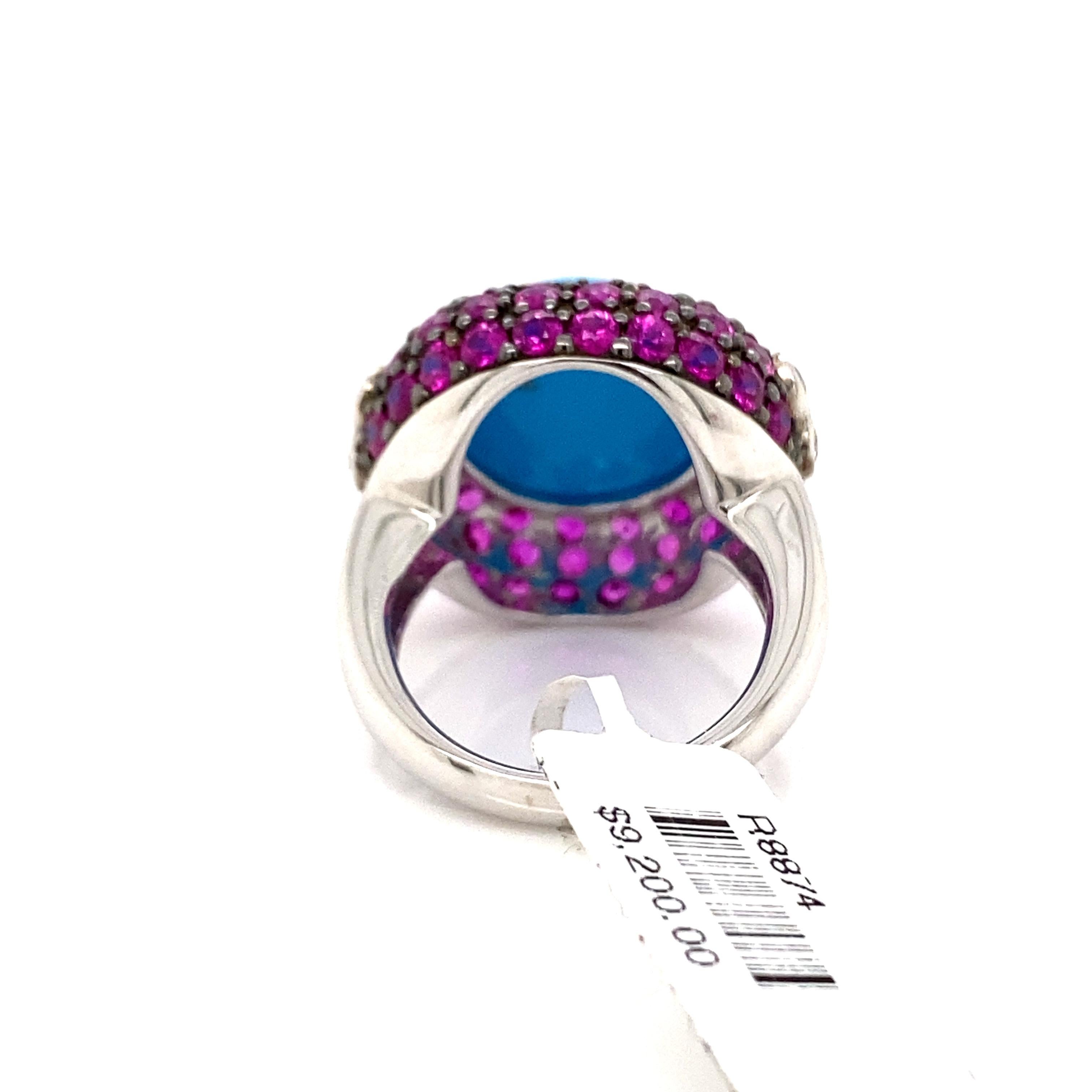 Modern Turquoise, Ruby, and Diamond Cluster Ring 18 Karat White Gold For Sale