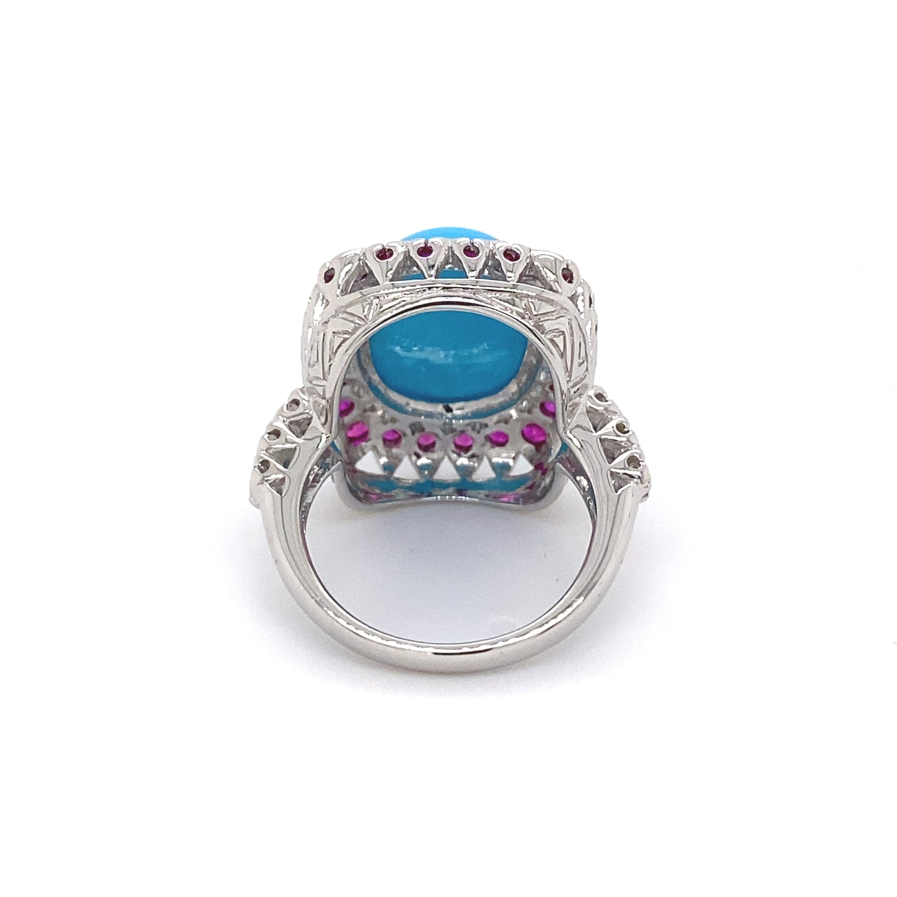 Women's Turquoise, Ruby, and Diamond Cluster Ring 18 Karat White Gold For Sale