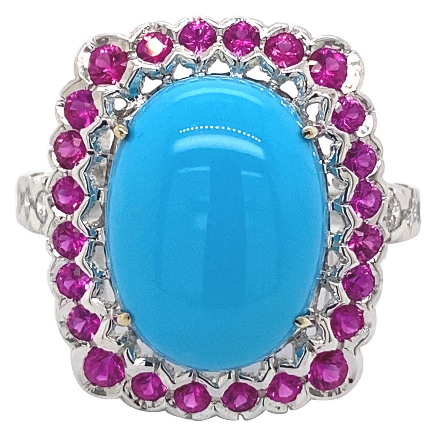 Turquoise, Ruby, and Diamond Cluster Ring 18 Karat White Gold
