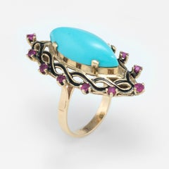 Turquoise Ruby Black Enamel Cocktail Ring Vintage 14 Karat Gold Estate Jewelry
