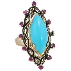 Turquoise Ruby Black Enamel Cocktail Ring Vintage 14 Karat Gold Estate Jewelry