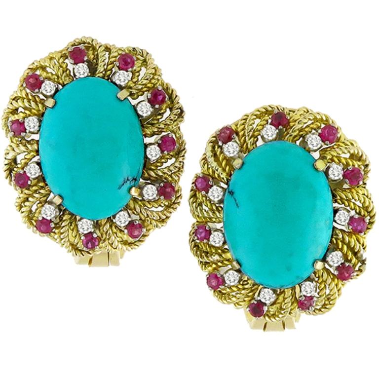 Round Cut Turquoise Ruby Diamond Gold Earrings