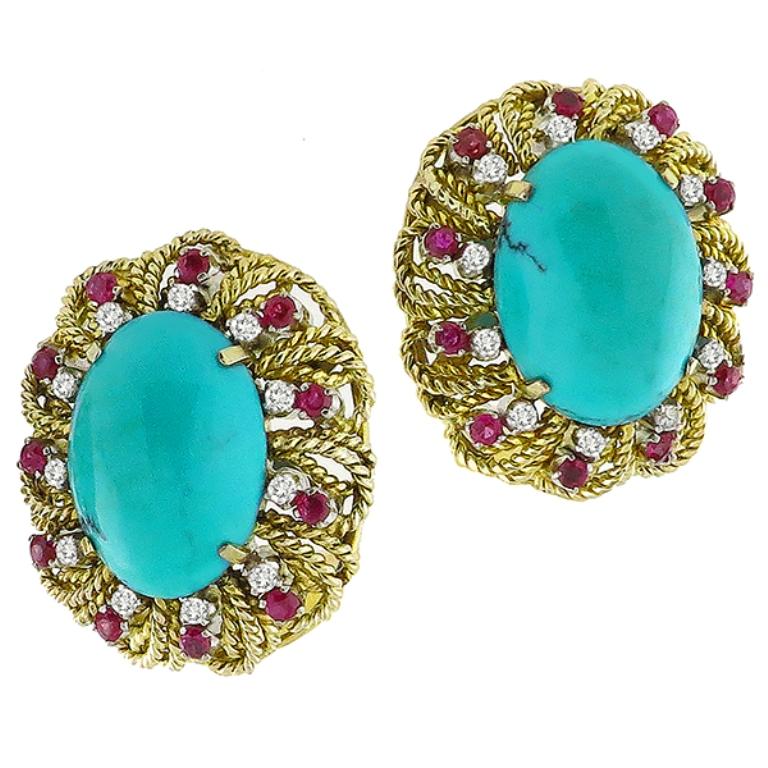 Turquoise Ruby Diamond Gold Earrings In Good Condition In New York, NY