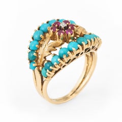 Turquoise Ruby Diamond Wreath Flower Band Ring Vintage 18 Karat Gold Estate