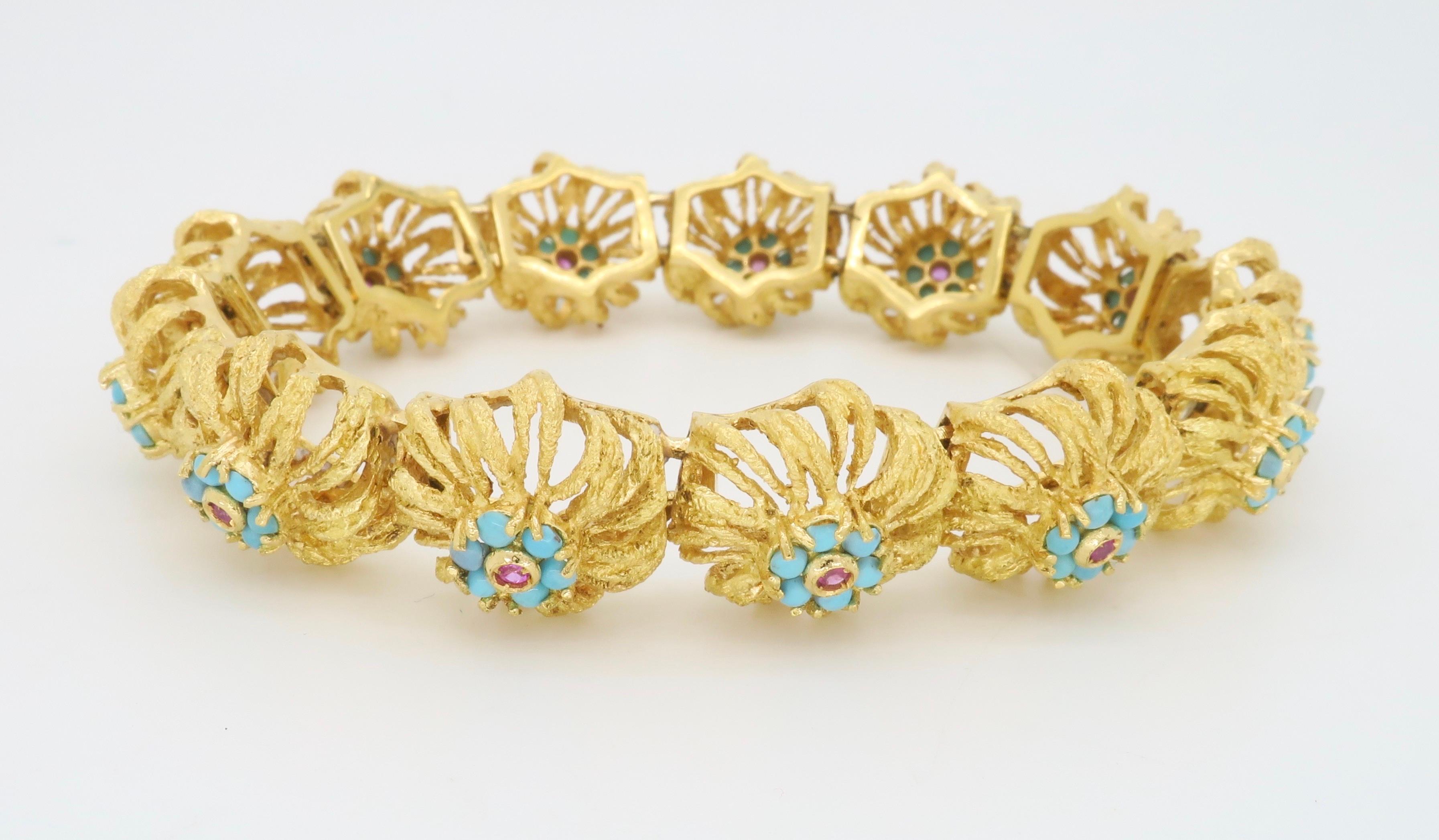 Turquoise & Ruby Floral Design Bracelet in 18k Yellow Gold 5