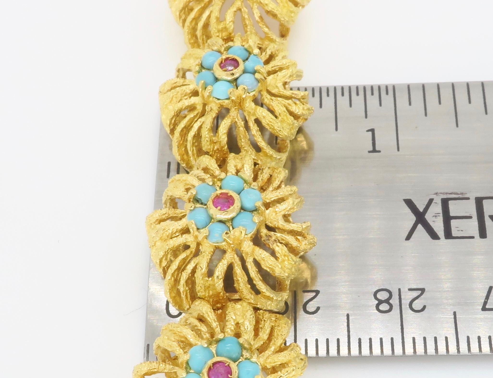 Turquoise & Ruby Floral Design Bracelet in 18k Yellow Gold 6