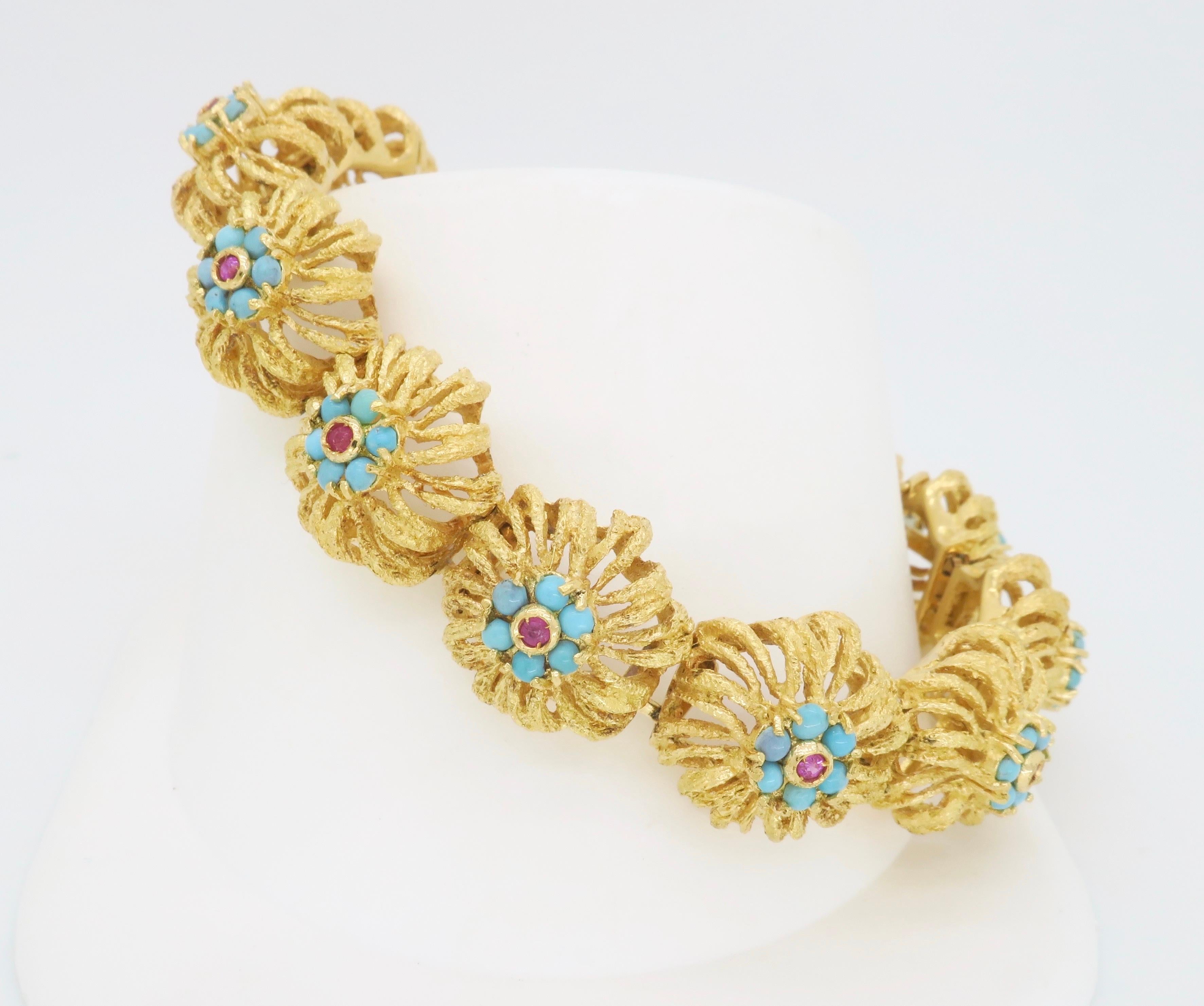 Round Cut Turquoise & Ruby Floral Design Bracelet in 18k Yellow Gold