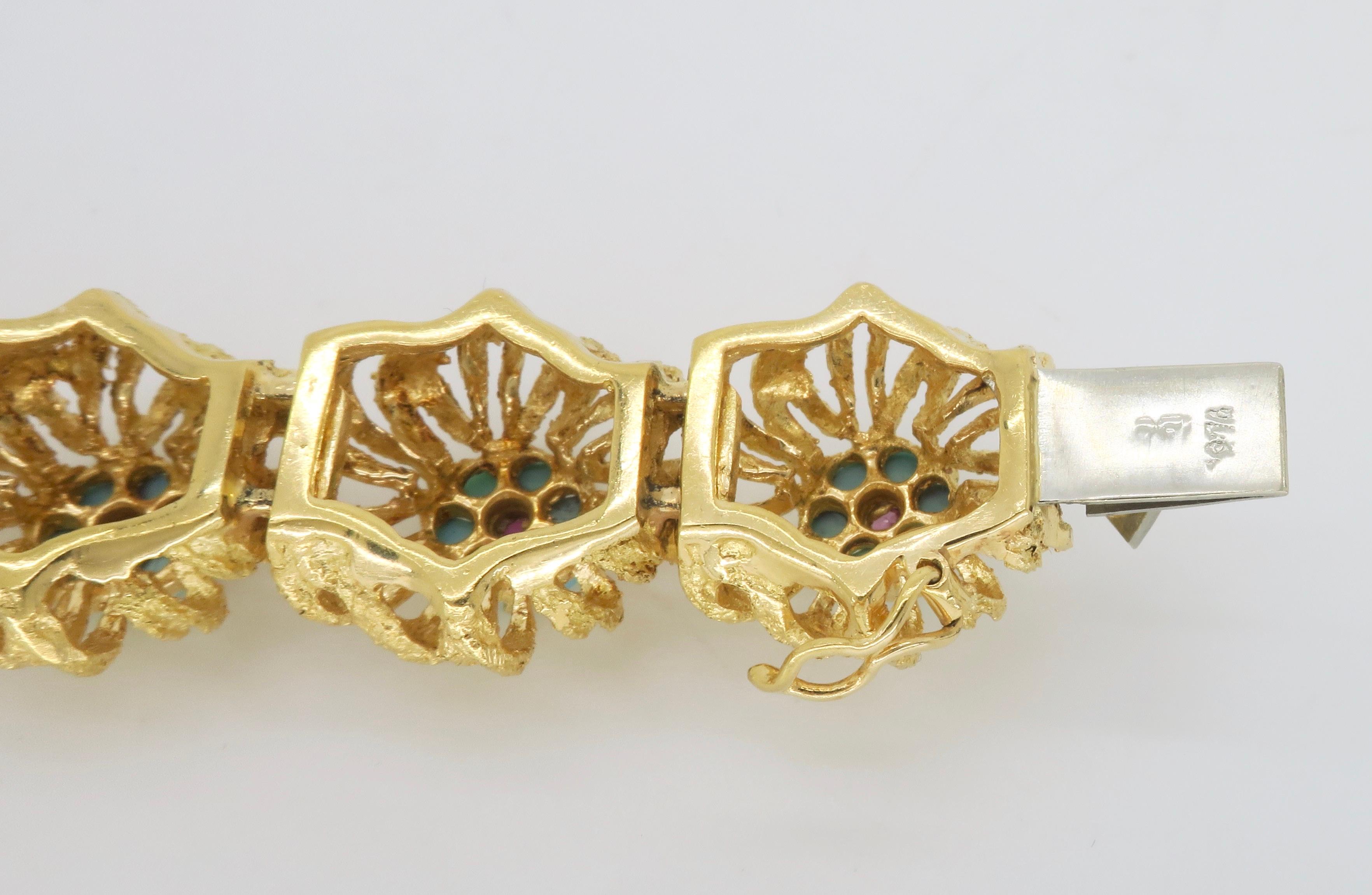 Women's or Men's Turquoise & Ruby Floral Design Bracelet in 18k Yellow Gold