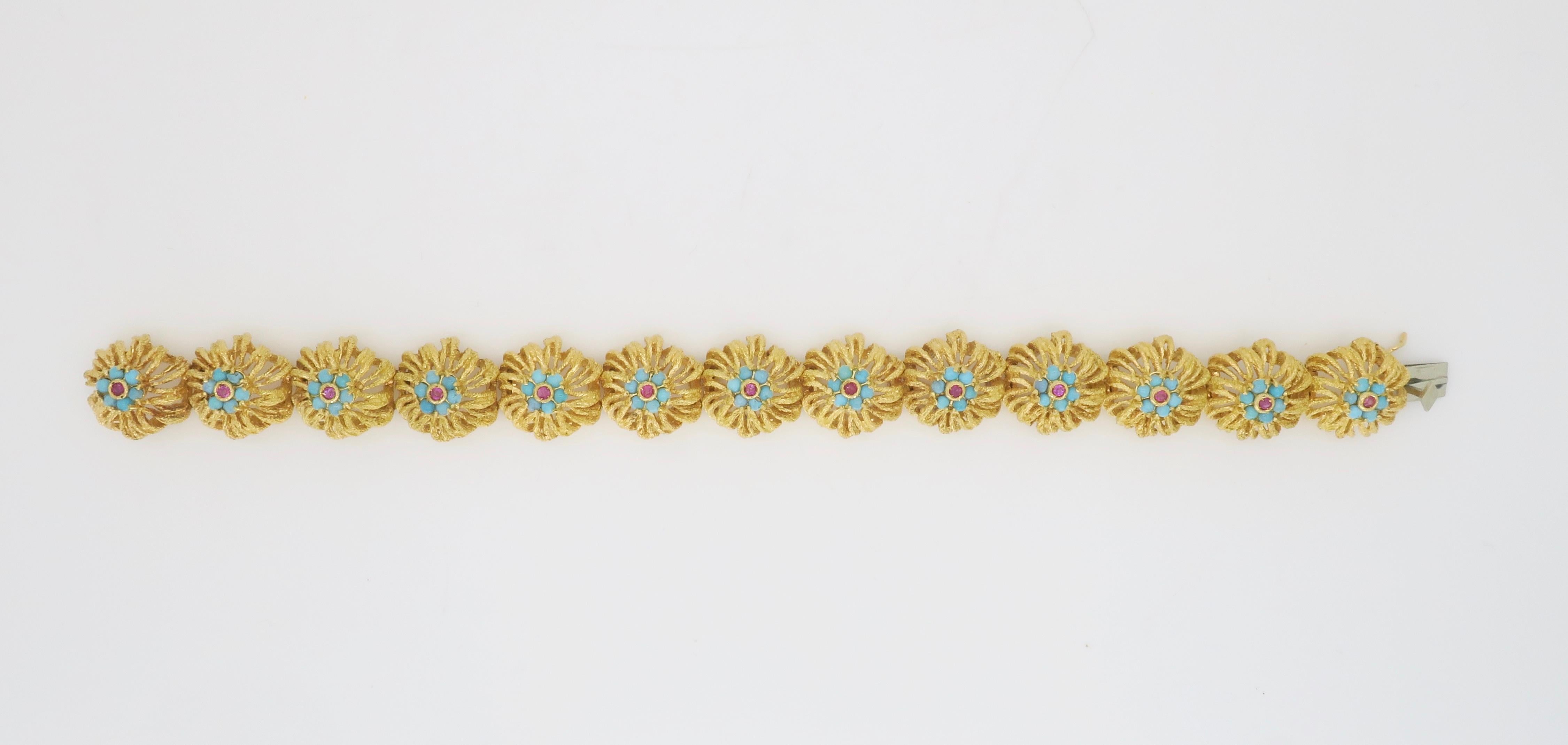 Turquoise & Ruby Floral Design Bracelet in 18k Yellow Gold 2