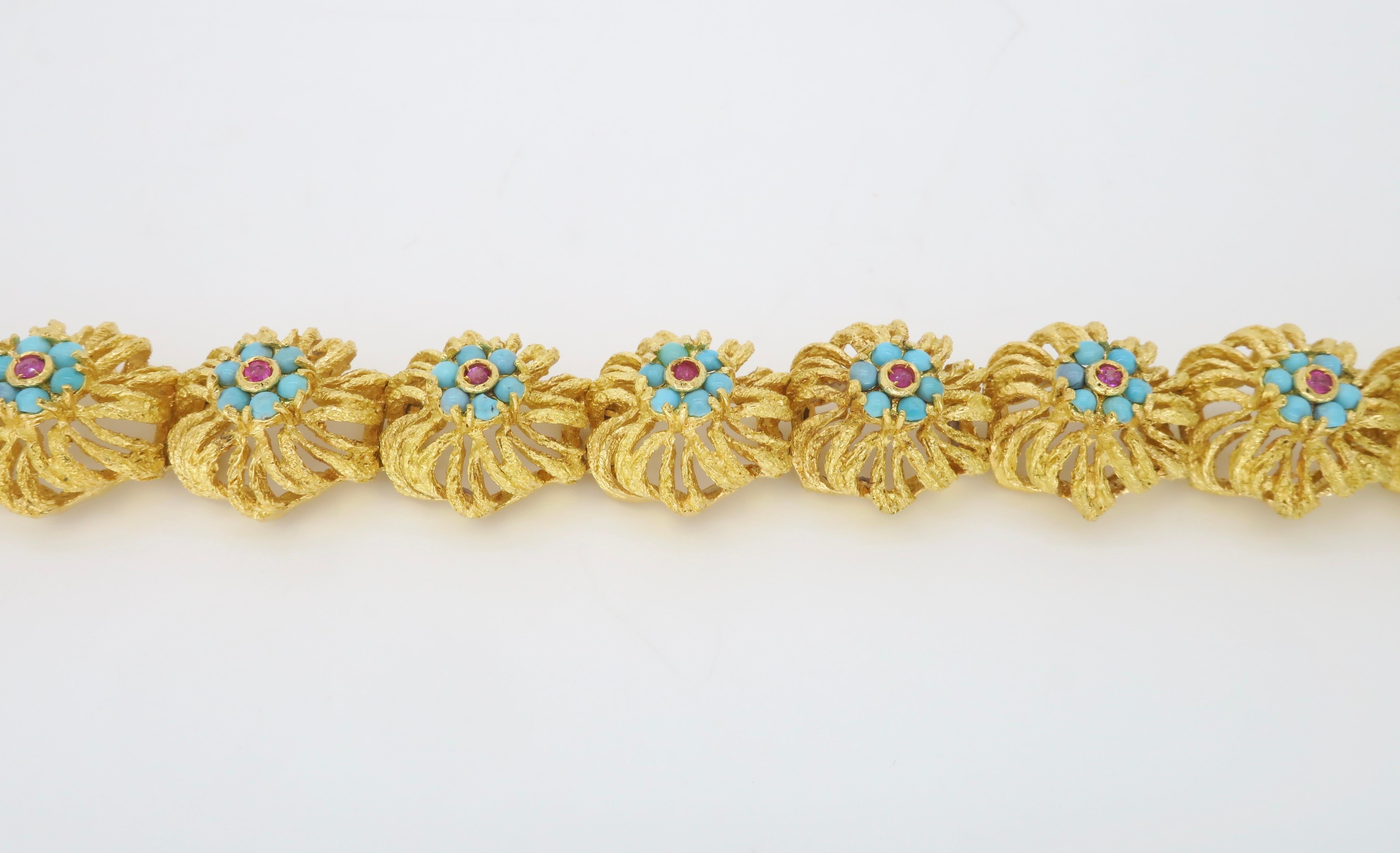 Turquoise & Ruby Floral Design Bracelet in 18k Yellow Gold 3