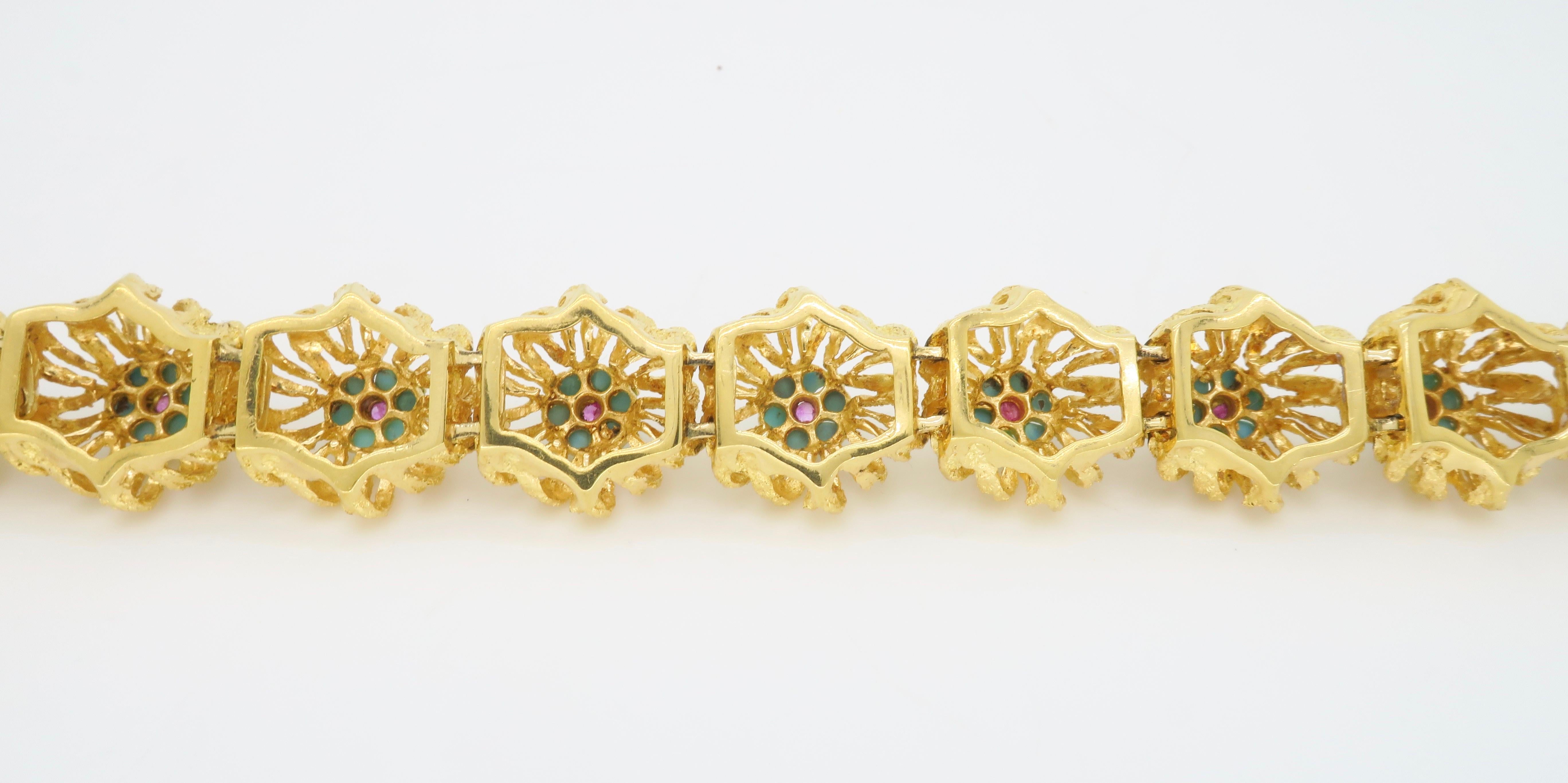 Turquoise & Ruby Floral Design Bracelet in 18k Yellow Gold 4