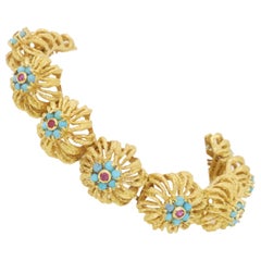 Turquoise & Ruby Floral Design Bracelet in 18k Yellow Gold