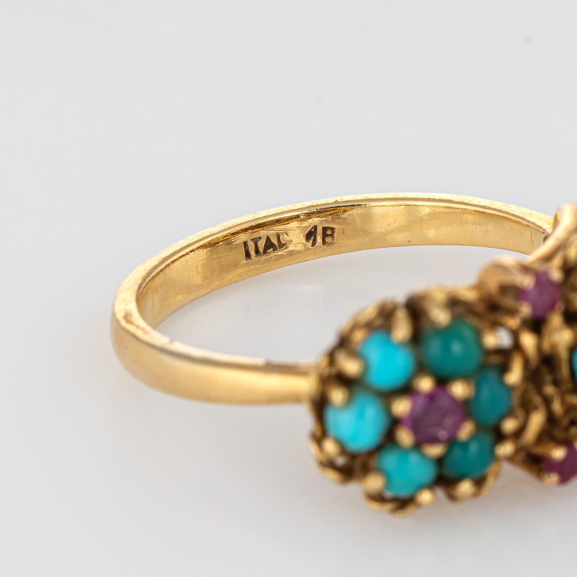 Cabochon Turquoise Ruby Flower Ring Vintage 1960s 18 Karat Yellow Gold Estate Jewelry