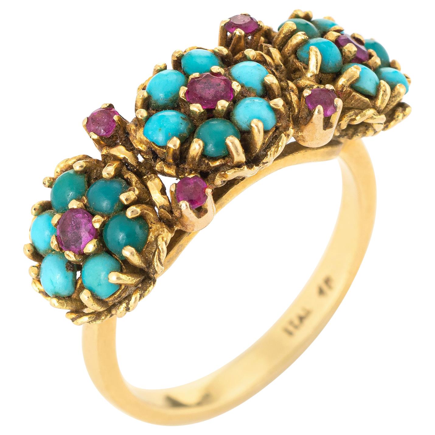 Turquoise Ruby Flower Ring Vintage 1960s 18 Karat Yellow Gold Estate Jewelry