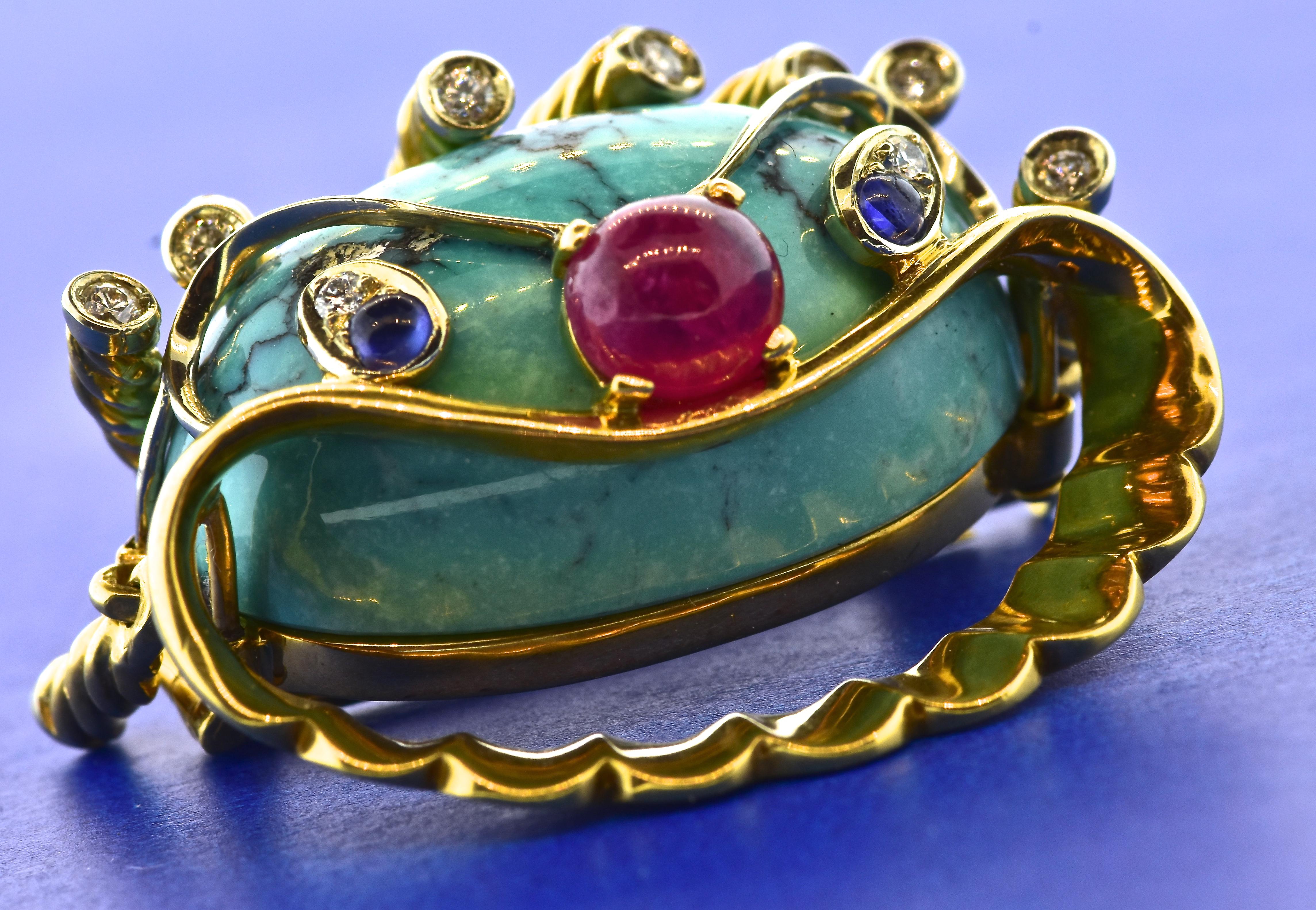 Turquoise, Ruby, Sapphire and Diamond 18 Karat Clam Motif Brooch, circa 1960 4