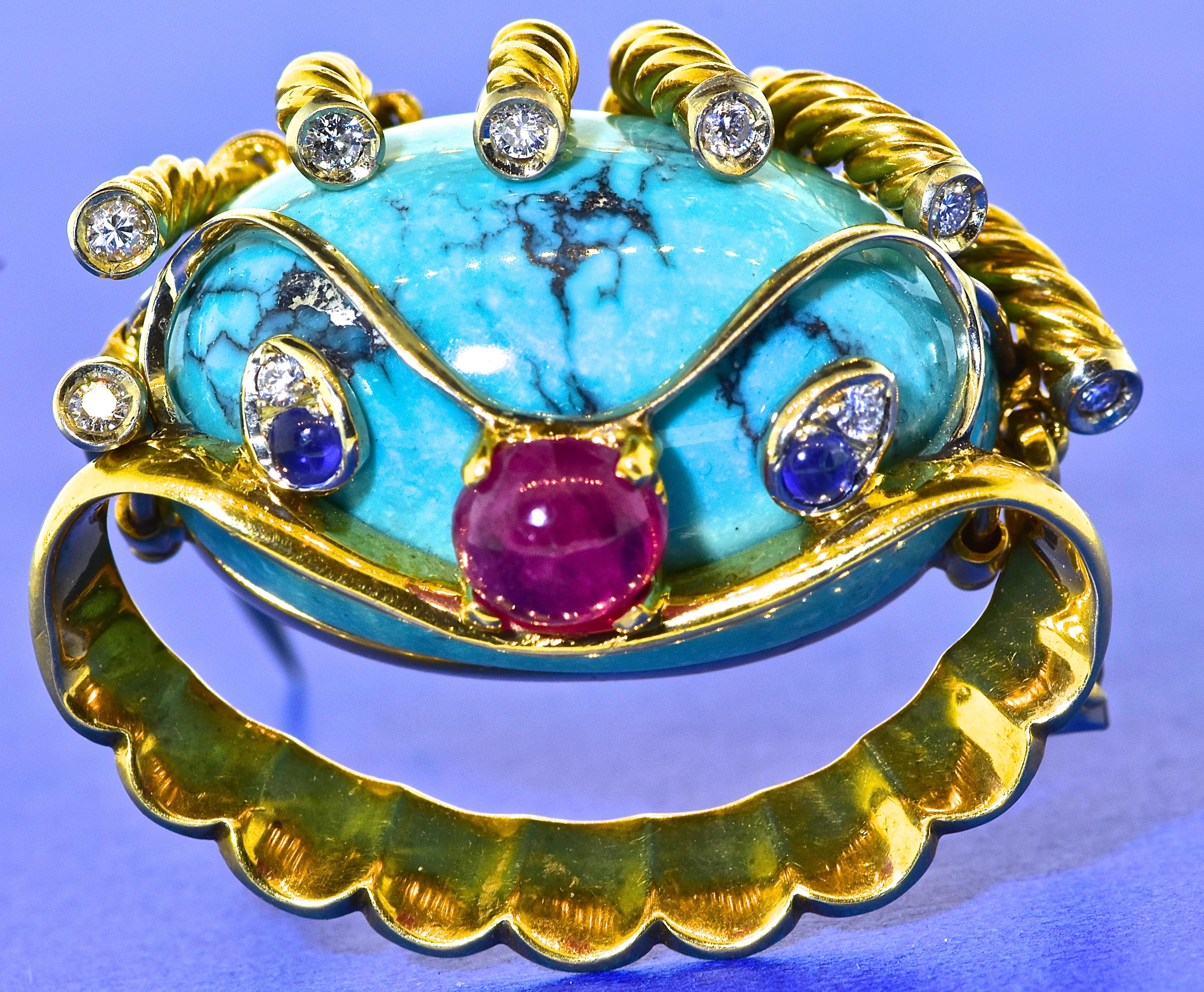 Retro Turquoise, Ruby, Sapphire and Diamond 18 Karat Clam Motif Brooch, circa 1960