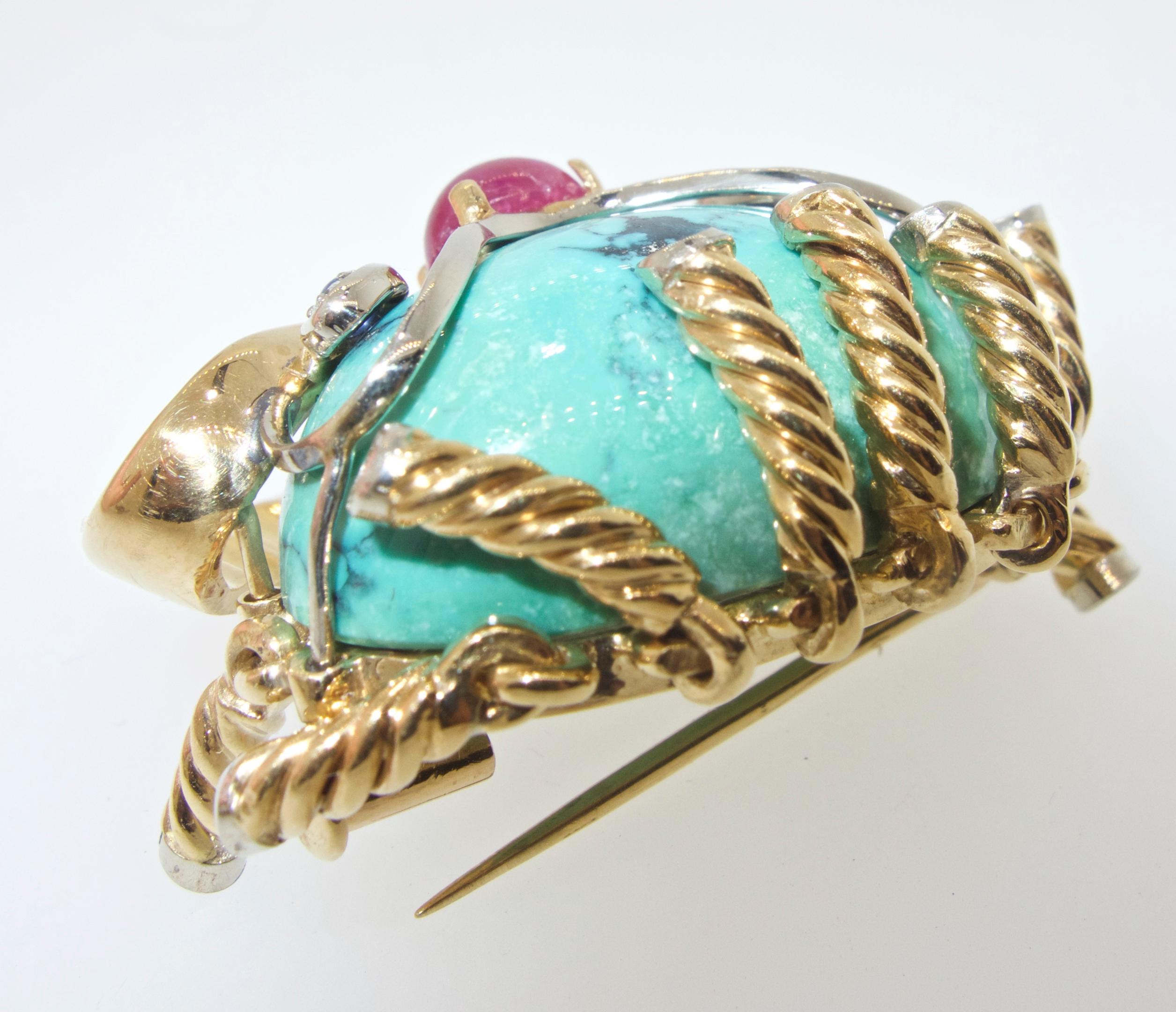 Turquoise, Ruby, Sapphire and Diamond 18 Karat Clam Motif Brooch, circa 1960 2