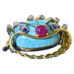 Turquoise, Ruby, Sapphire and Diamond 18 Karat Clam Motif Brooch, circa 1960