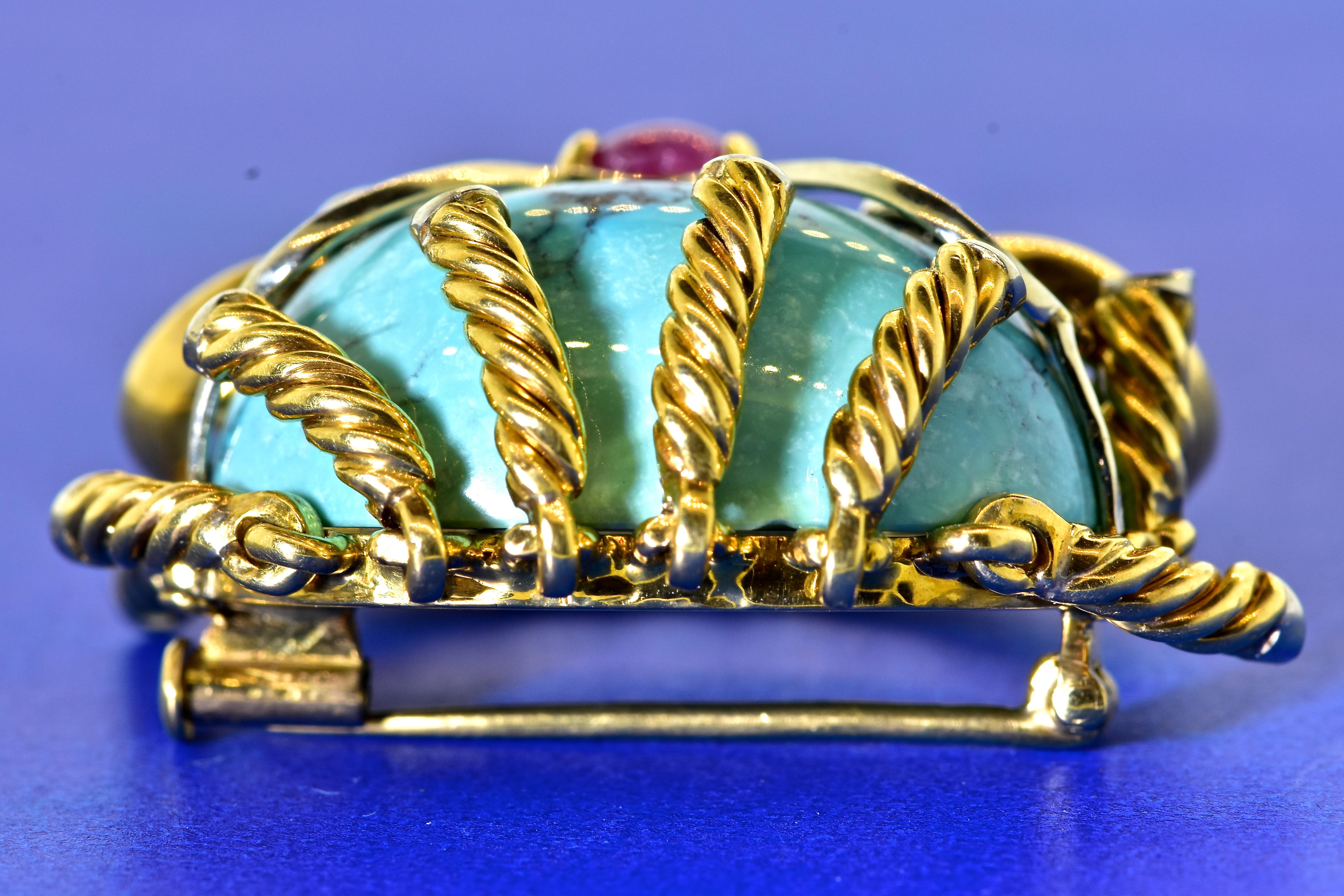 Turquoise, Ruby, Sapphire and Diamond 18 Karat Clam motif Brooch, circa 1960 5